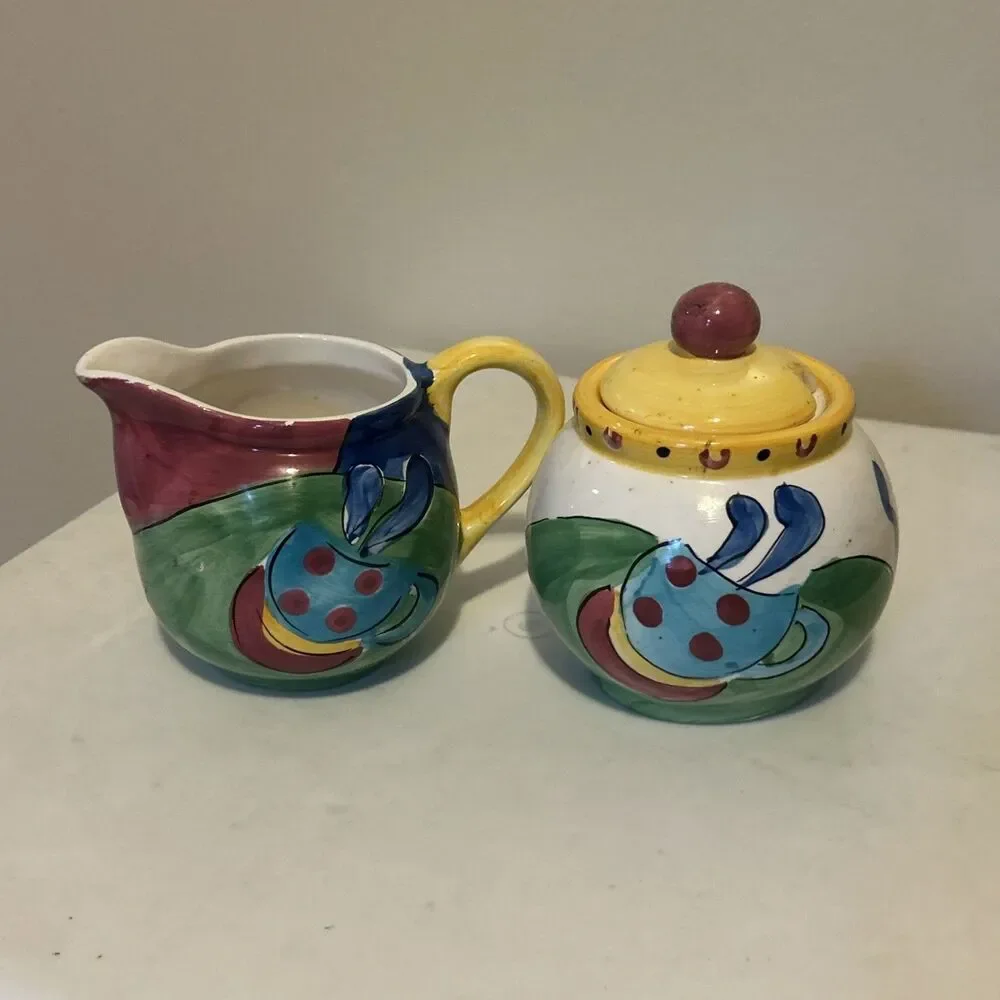 Vintage Hand Painted Creamer & Lidded Sugar Bowl Set Mediterranean Tuscan